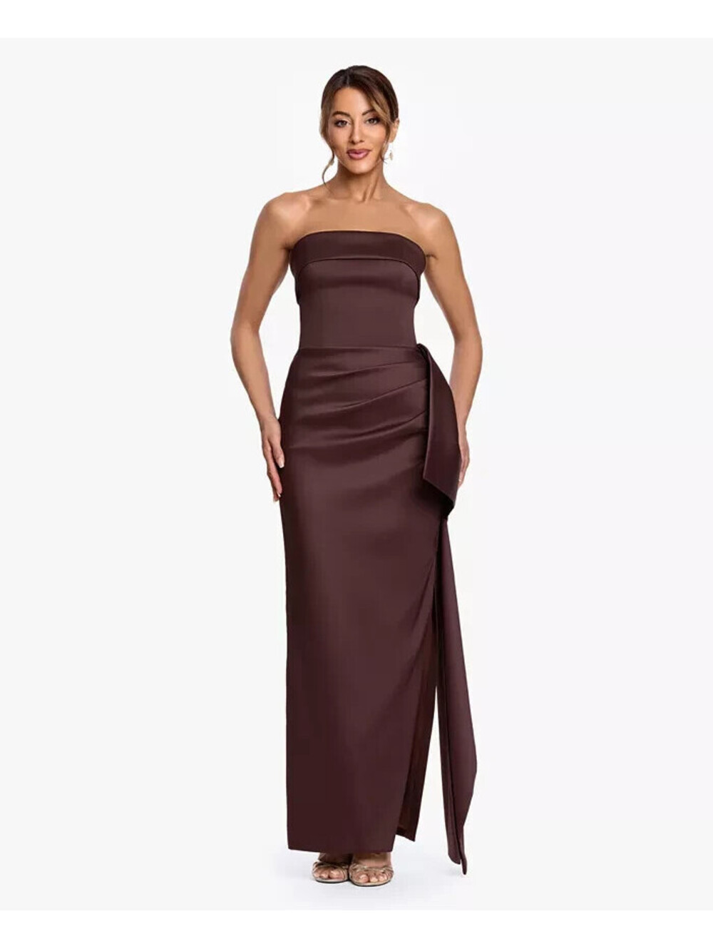 XSCAPE Strapless Ruffle Gown sz 12 Chocolate Formal Ruched Mikado Prom NWT $400